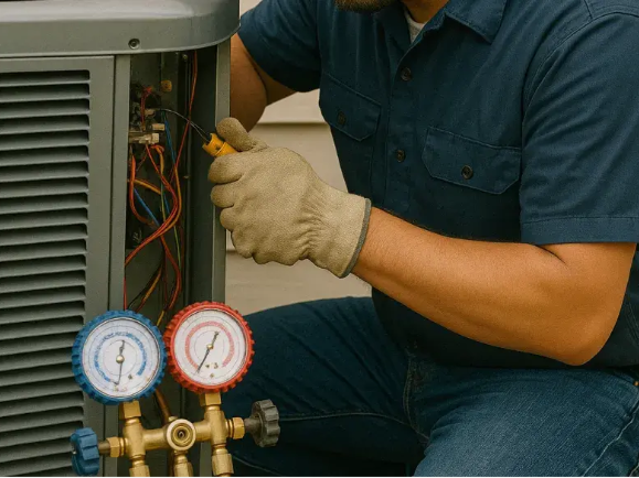 Technician using pressure gauges to diagnose and repair an outdoor HVAC unit