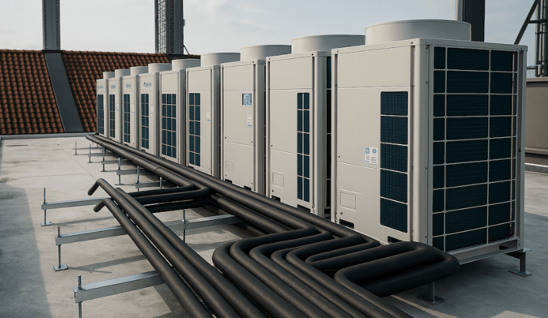 Row of rooftop VRF outdoor condenser units with insulated refrigerant piping for a multi-zone building